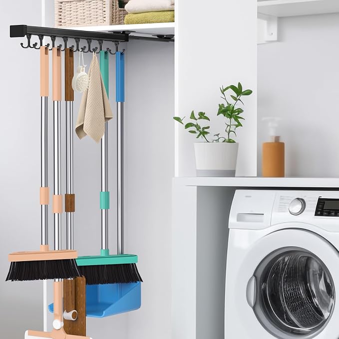 Pull Out Broom Holder With Adjustable Double Row Sliding Hook, by PrimZootyDesign
