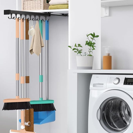 Pull Out Broom Holder With Adjustable Double Row Sliding Hook, by PrimZootyDesign