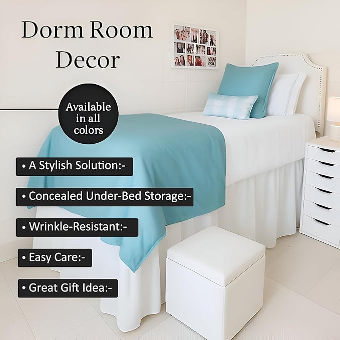 Shreem Linen Dorm Room Bed Skirt Twin XL 32 Inch Drop, 100% Microfiber Extra Long Bedskirt, White