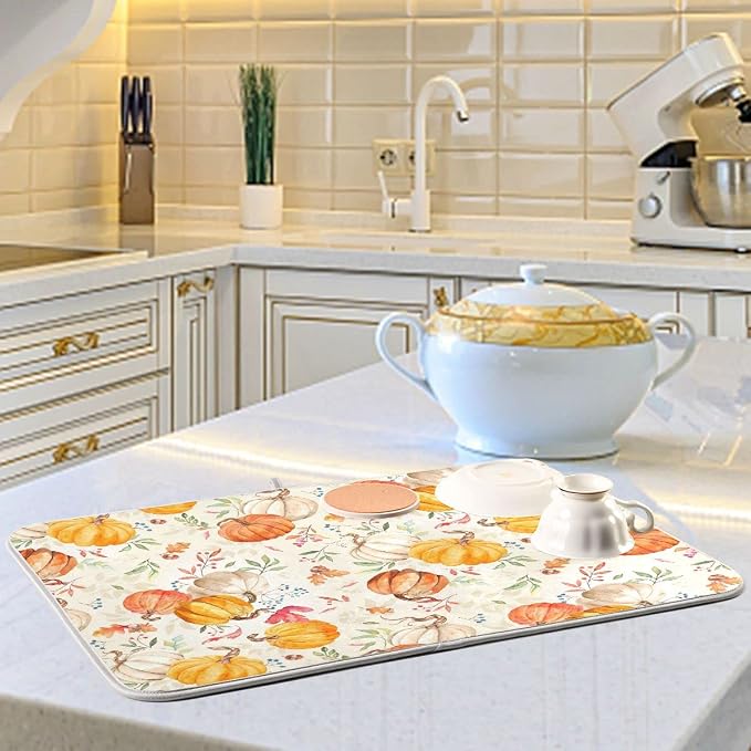 Autumn Fall Dish Drying Mat for Kitchen Counter Watercolor Pumpkin Maple Leaf - Image 6