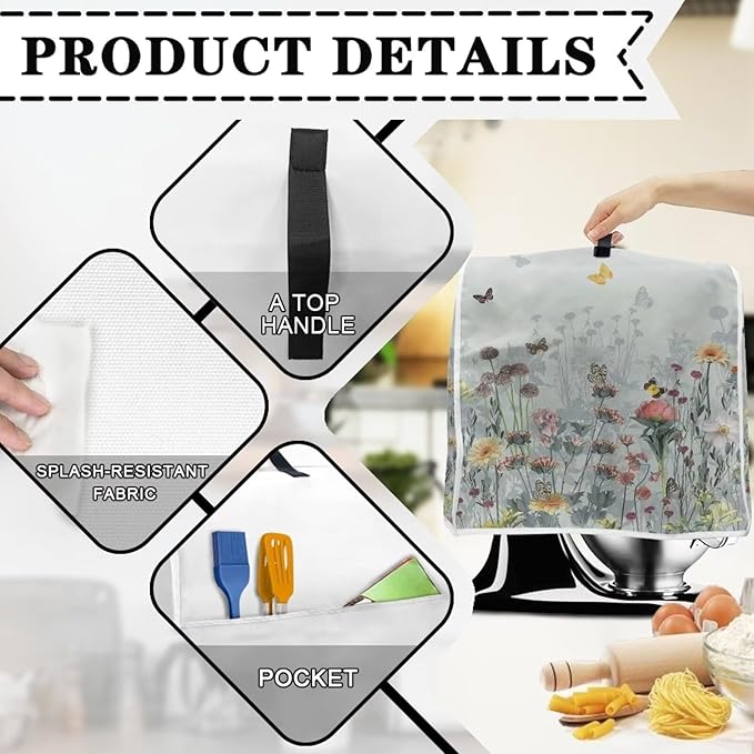 Floral Mixer Covers for Kitchen Aid 4.5-5 Quart Mixer Dust Cover with Top Handle Dustproof Food Processor Cover Kitchen Appliance Accessories
