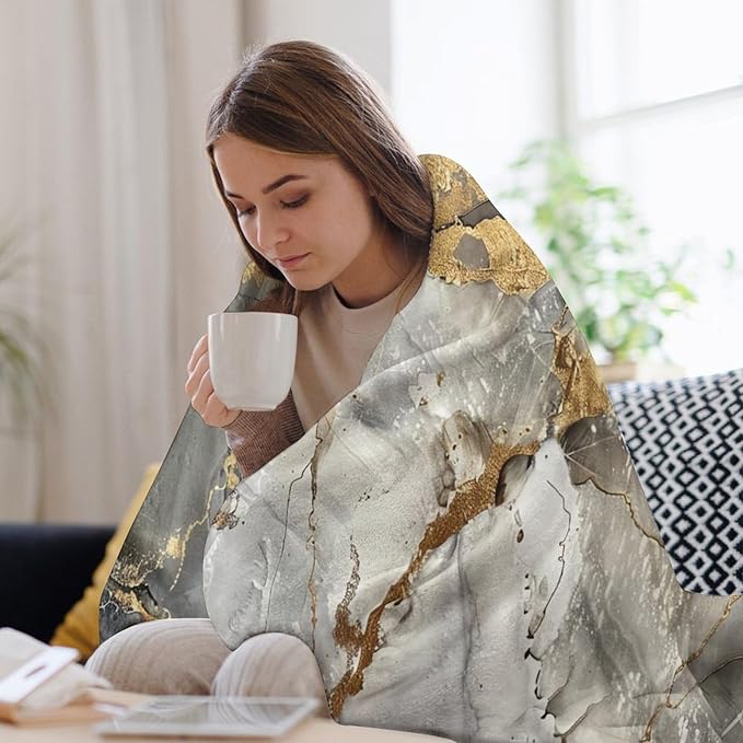 Modern Marble Blanket, Abstract Luxury Baroque Gold Grey Gradient Stone Veins Pattern Soft Warm Cozy Plush Flannel Covers for Livingroom Bedroom Couch Chair Camping Travel Home Decor Tapestry 60x80in