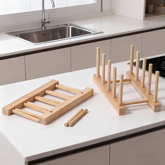 Kunovo Bamboo Dish Rack, Pot lid/Plate/Cutting Board Organizer - Image 2