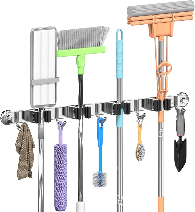 3-H Magnetic Broom Holder Wall Mount 1 Pack, 2-in-1 Dual Mount, 304 Stainless by 3-H