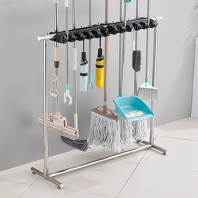 Movable Commercial Stainless Steel Mop Rack, Mop and Broom holder, Floor - Image 3