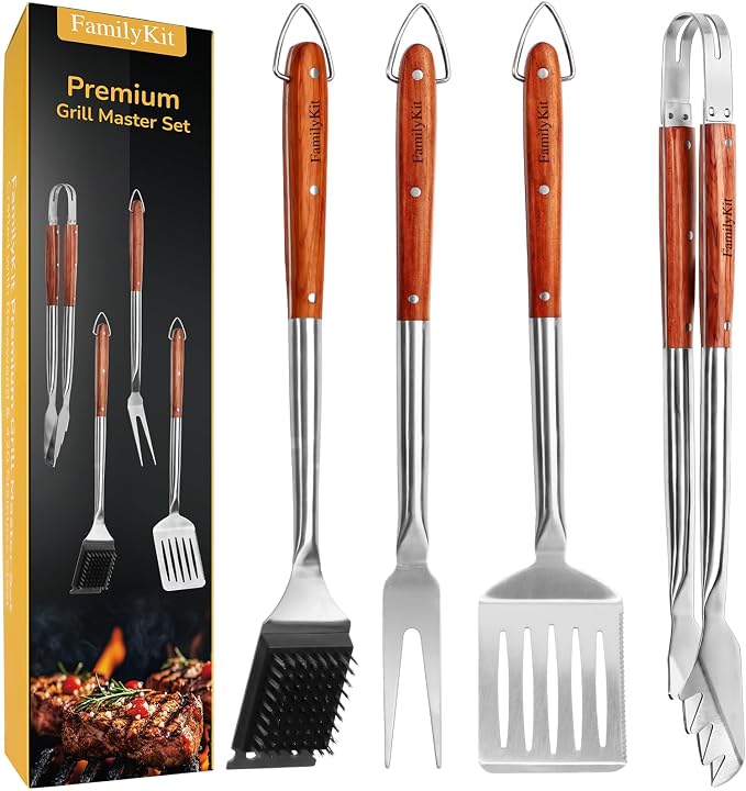 4PCS Grilling Accessories Rose Wooden BBQ Grilling Tools Set, Heavy Duty by FamilyKit