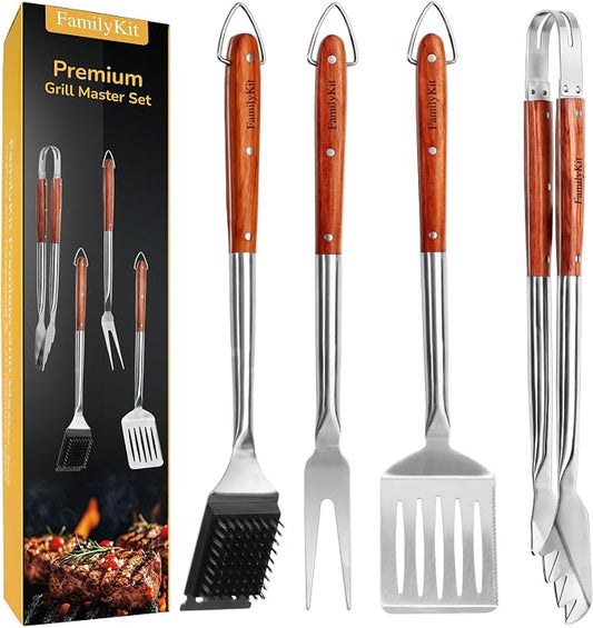 4PCS Grilling Accessories Rose Wooden BBQ Grilling Tools Set, Heavy Duty by FamilyKit