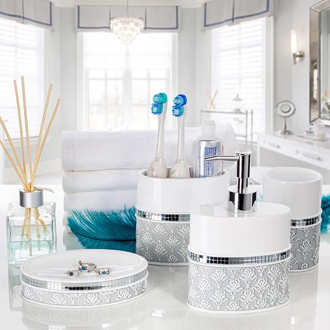 Creative Scents Mirror Damask White and Gray Bathroom Accessories Set - Image 5