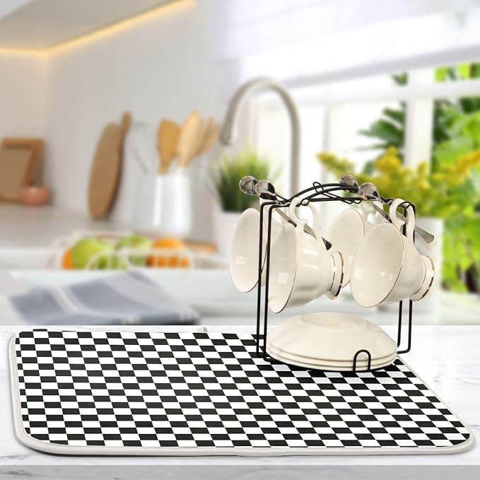 Black White Checkered Pattern Dish Drying Mat - Image 5
