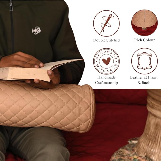 Neck Roll Pillow Cushion Cover, 16x7 Inch Full Moon Round Bolster Pillow Case, Cylinder Soft Lambskin Leather Pillowcase for Head, Spine & Neck Support During Sleep - Quilted Beige Pack of 2
