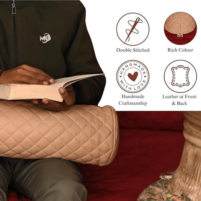 Neck Roll Pillow Cushion Cover, 16x7 Inch Full Moon Round Bolster Pillow Case, Cylinder Soft Lambskin Leather Pillowcase for Head, Spine & Neck Support During Sleep - Quilted Beige Pack of 2