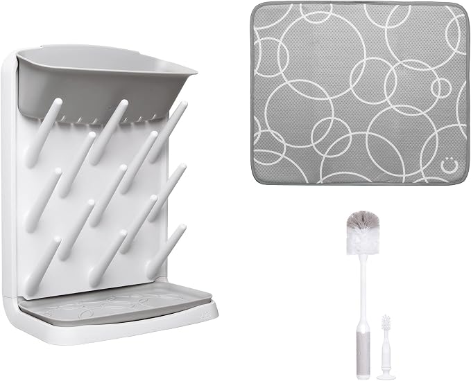 Ubbi Vertical Bottle Drying Rack, Bottle Brush & Microfiber Drying Mat Bundle by Ubbi