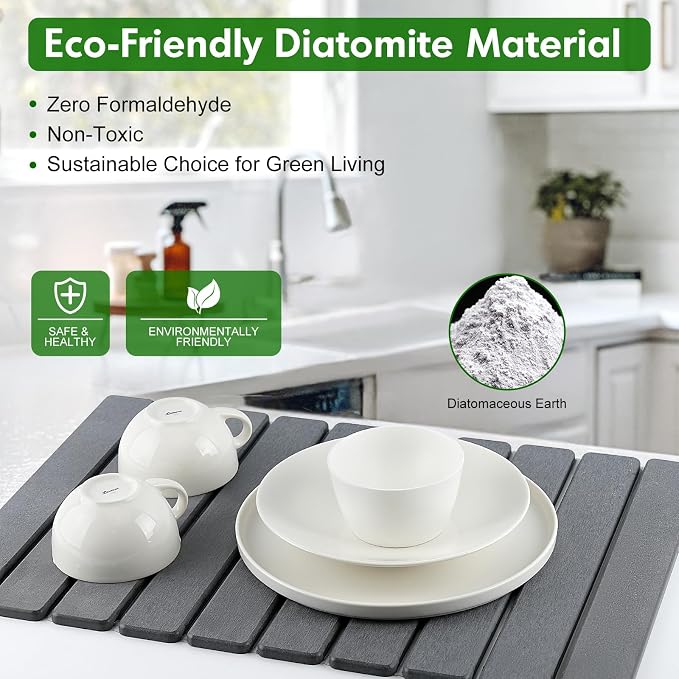 Stone Dish Drying Mat for Kitchen Counter | Diatomaceous Earth Water Absorbing - Image 2