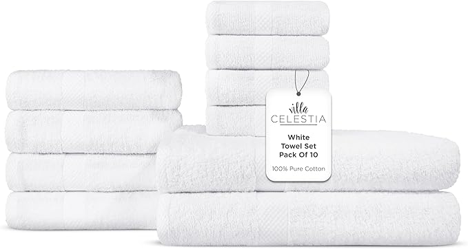 100% Combed Cotton Bathroom Towel Set of 10-2 Bath Towels, 4 Hand Towels by VillaCelestia