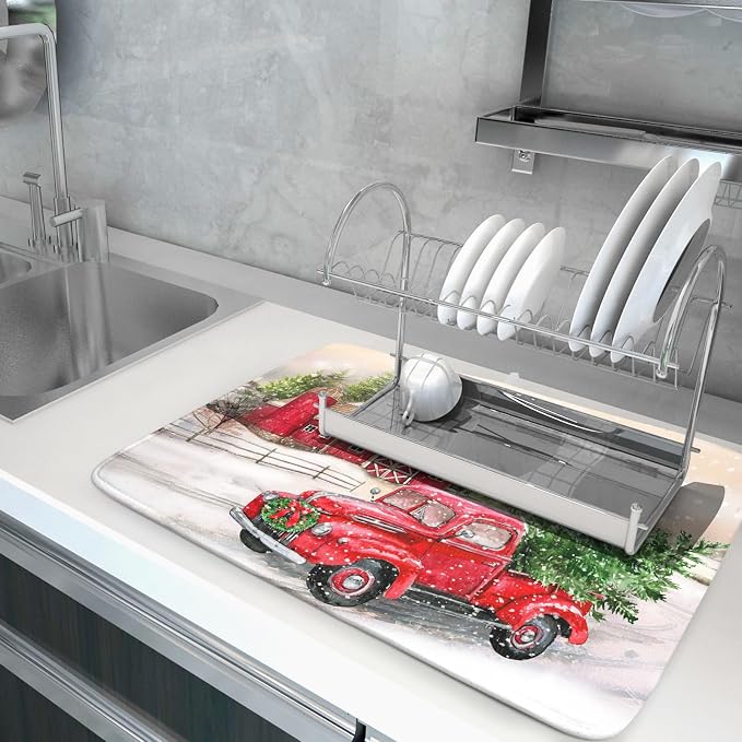 Red Truck Dish Drying Mat Xmas Tree Dish Drainer Rack Mat Winter Microfiber - Image 5