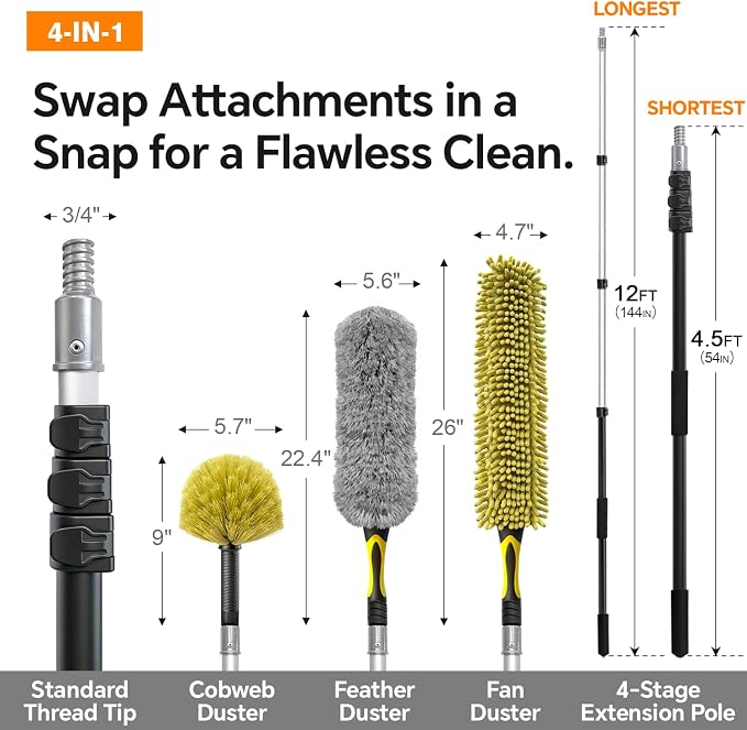 4-12Ft Telescoping Extension Pole Kit, 4-in-1 High Reach Duster - Image 2