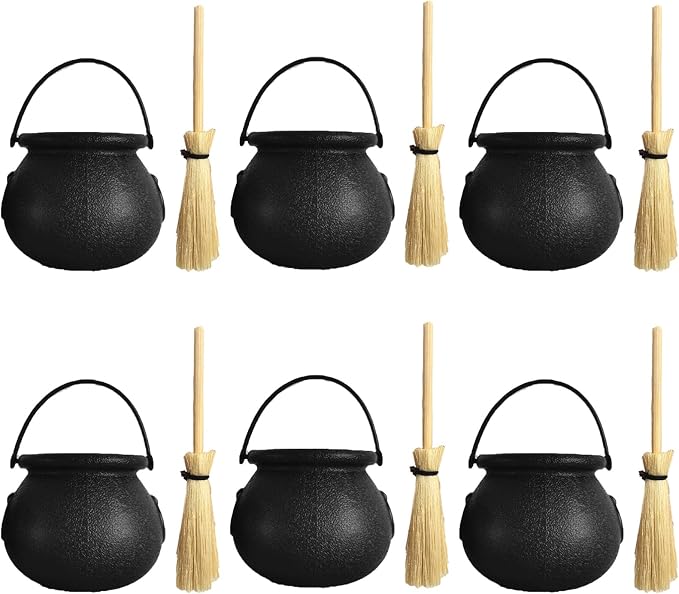 Mini Plastic Cauldron and Mini Broom Halloween Decorations Witch Pot Black by TUDACVTE