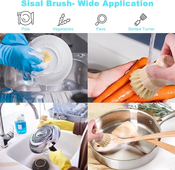 Bamboo Dish Brush Set, Dish Brushes, Durable Wood Dishes Scrub Brush, Natural - Image 5