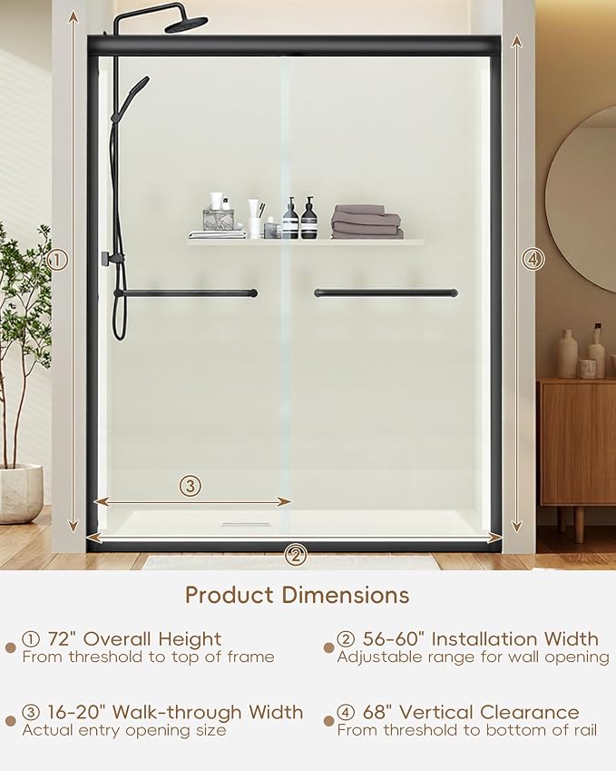Shower Door 56-60'' W x 72'' H Semi-Frameless & Double Sliding, 1/4 inch - Image 9
