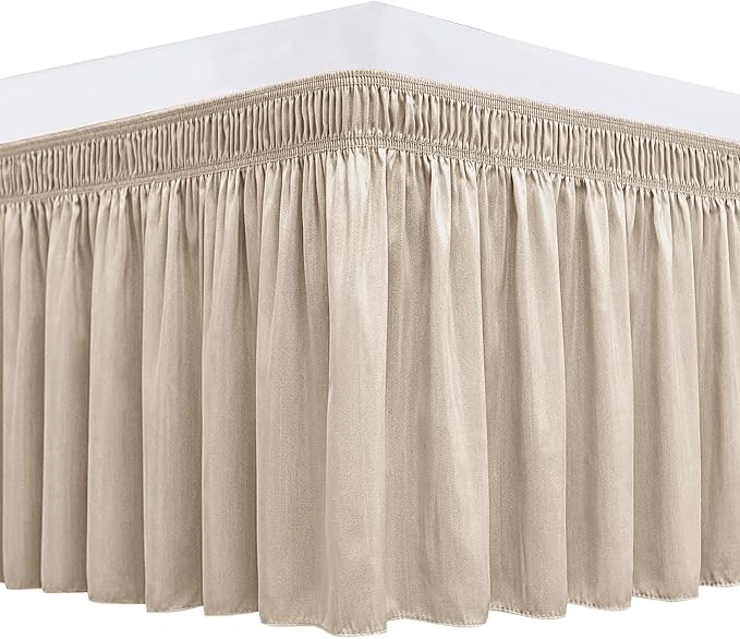 Biscaynebay Wrap Around Bed Skirts for Queen Beds 16" Drop, Light Camel Adjustable Elastic Dust Ruffles Easy Fit Wrinkle & Fade Resistant Silky Luxurious Fabric Solid Machine Washable