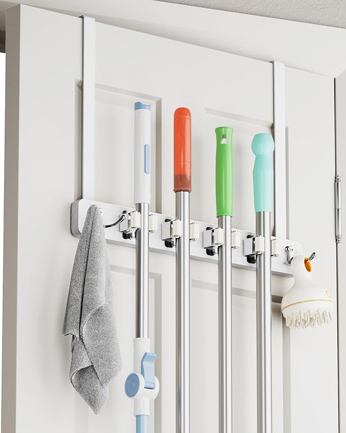 Over the Door Broom Holder, Mop and Broom Holder Door Mount, Hanging Organizer by BS-VOG