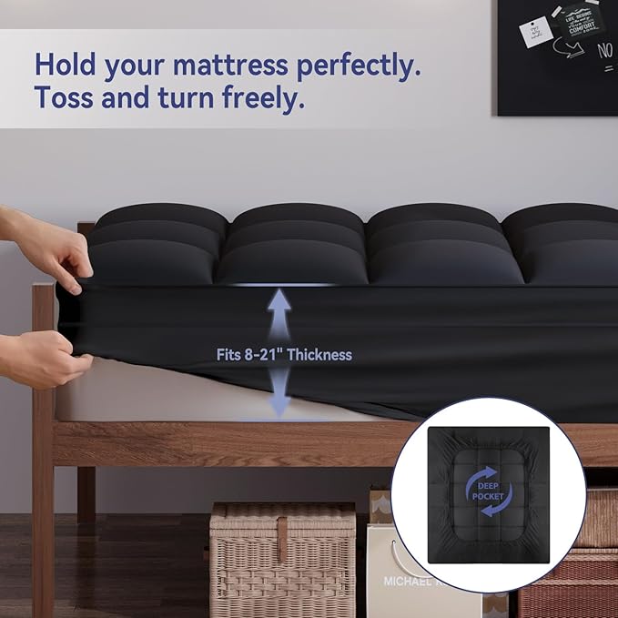 ELEMUSE Twin Black Mattress Topper for Back Pain, Extra Thick Mattress Pad Cover, Plush Soft Pillowtop with Elastic Deep Pocket, Overfilled Down Alternative Filling