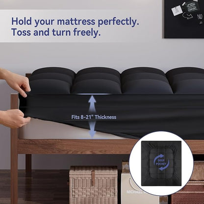 ELEMUSE Twin Black Mattress Topper for Back Pain, Extra Thick Mattress Pad Cover, Plush Soft Pillowtop with Elastic Deep Pocket, Overfilled Down Alternative Filling