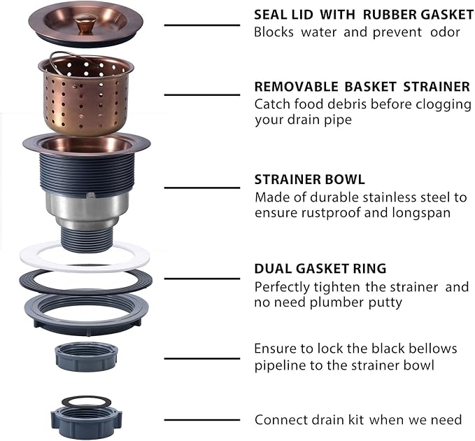 KONE 3/1-2 Inch Sink Drain Assembly Antique Copper Kitchen Sink Drain Kit - Image 6