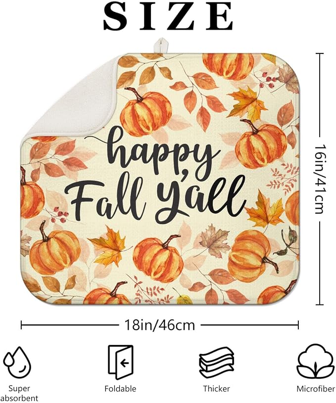 Fall Dish Drying Mat for Kitchen Counter, Autumn Pumpkin Maple Leaf Pattern - Image 2