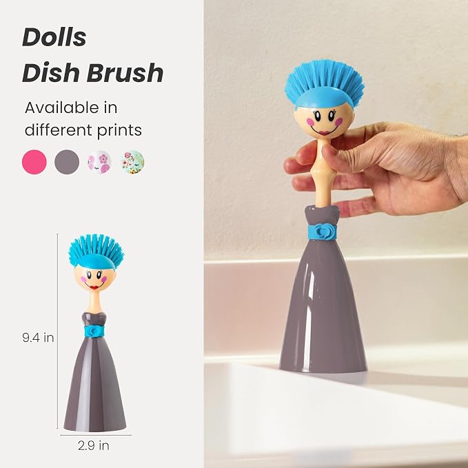 Vigar Dolls Dish Brush with Ergonomic Handle and Dress-Shaped Brush Holder - Image 2