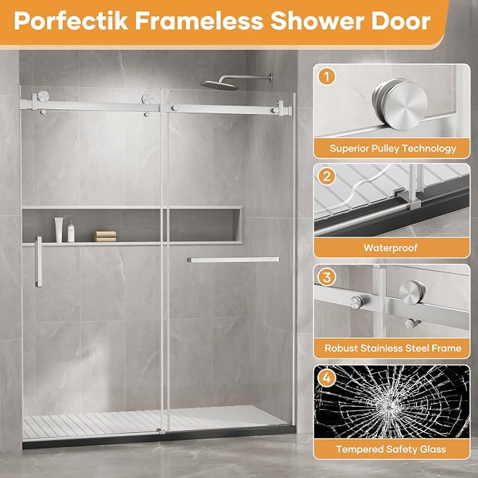 Venice Frameless Shower Door 60 in W x 74 in H, 5/16" Clear Tempered Glass Door - Image 6