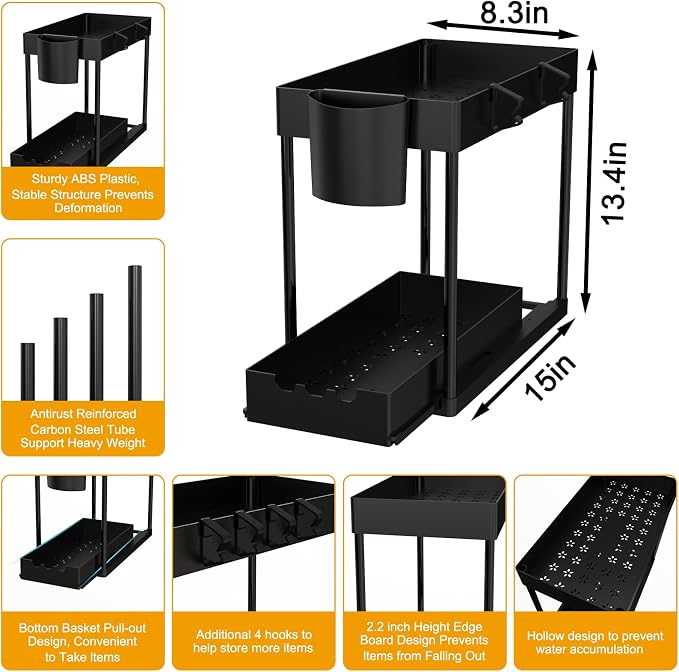 2 Pack Under Sink Organizers and Storage, 2-Tier Sliding Cabinet Organizer - Image 2