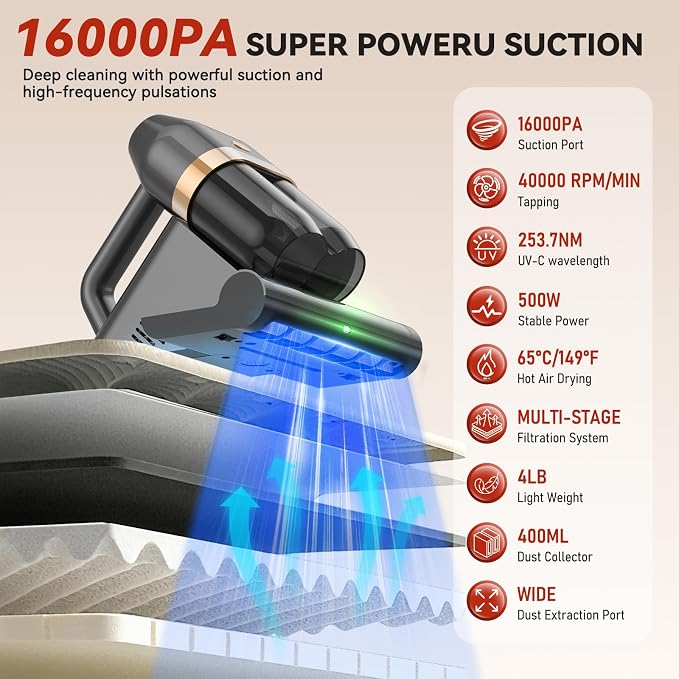 Mattress Vacuum Cleaner with 149°F Heat, 16KPa Powerful Suction, 253.7nm U V-C - Image 2