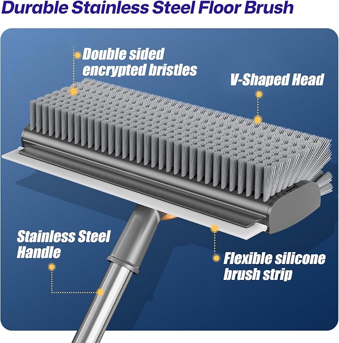 3-in-1 Floor Scrub Brush with Long Handle, Scrape and Heavy-Duty Stiff Bristle - Image 4