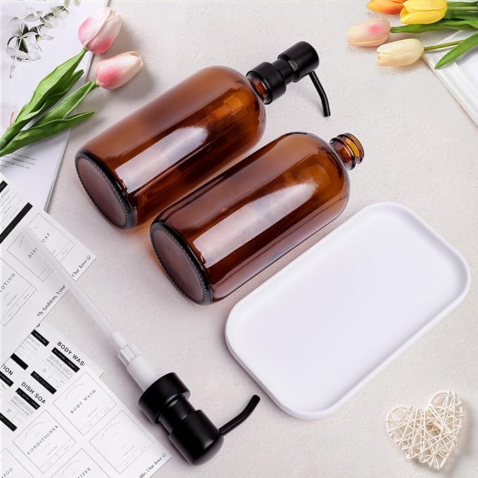 Amber Glass Soap Dispenser, 2 Pack Bathroom Kitchen Soap Dispenser Set - Image 5