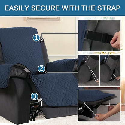 H.VERSAILTEX Reversible Quilted Recliner Covers Water Resistant Furniture Protector for Reclienr Chair with Elastic Straps for Pets Kids Sitting Width Up to 28"(Oversized Recliner, Navy/Beige)