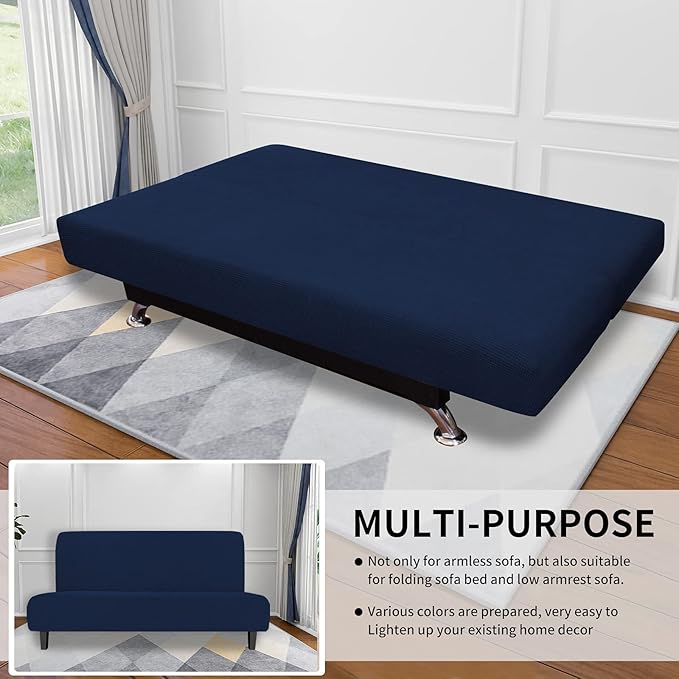 Easy-Going Stretch Futon Slipcover Armless Futon Bed Cover Furniture Protector Without Armrests with Elastic Bottom for Kids, Soft Jacquard Fabric Small Checks (Large, Navy)