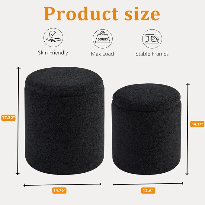 Round Ottoman with Storage Set of 2-Upholstered Sherpa Vanity Stool - Image 3