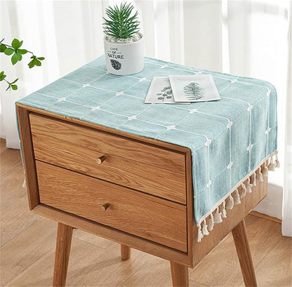 Simple Bedside Table Tassel Cover Cloth, Tablecloth Cover Towel, Suitable for Bedside Table TV Microwave Washing Machine Refrigerator Dust Cover (Blue Bars, 15.7 * 35.4 inches)