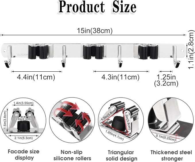 2 Pack 3 Racks and 4 Hooks Broom and Mop Holder Wall Mounted Garage Organizer - Image 3