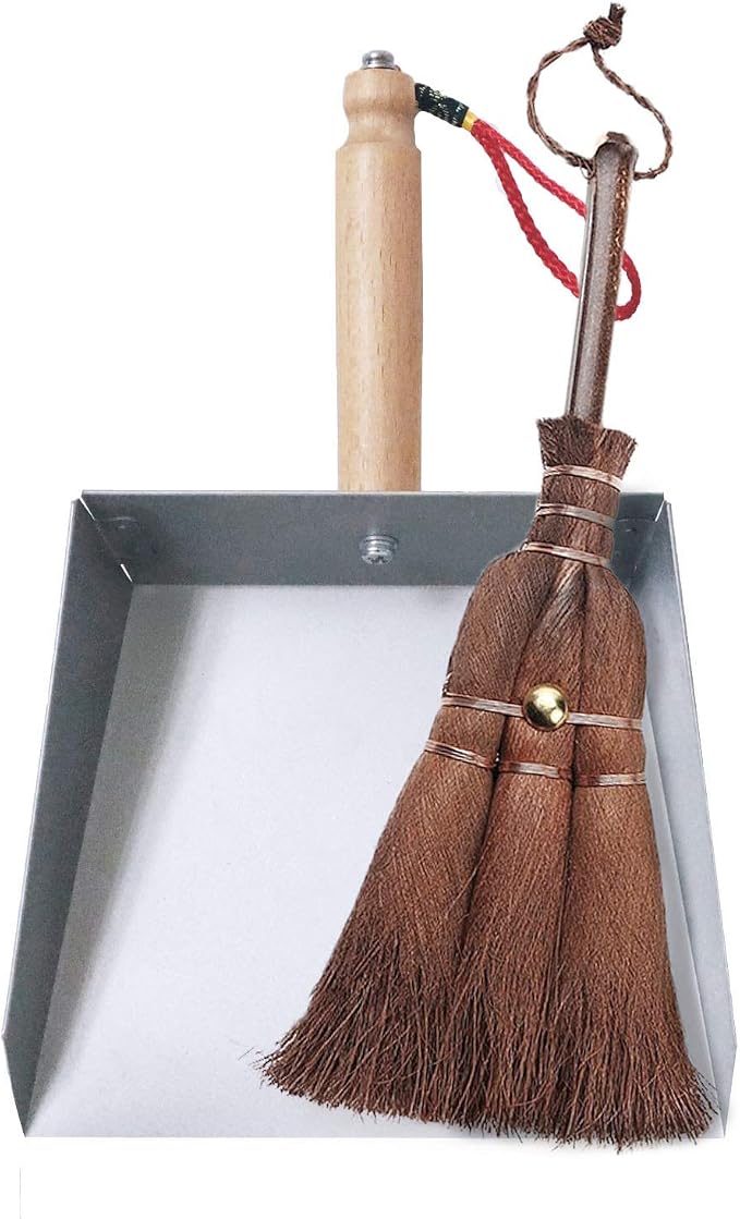Mini Metal Dustpan and Brush Set Natural Bristle Hand Broom by OakartHome