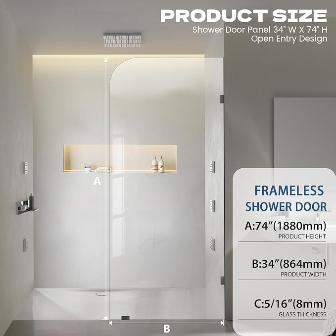 34" W ×74" H Shower Glass Panel, Frameless Fixed Glass Shower Panel - Image 2