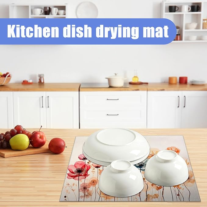 Poppy Dish Drying Mat for Kitchen Counter Wild Flower Drying Pad Absorbent - Image 6