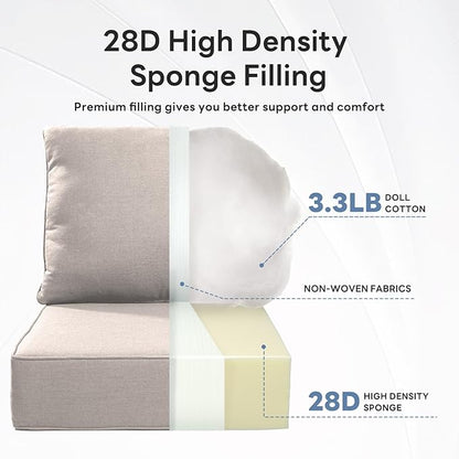 6 inches Thicker Outdoor Chair Cushions Set- 24" *24" *6" Waterproof Patio Furniture Cushions with Removable Cover, 28D High Density Sponge Filling Thicken Outdoor Patio Cushions - Beige
