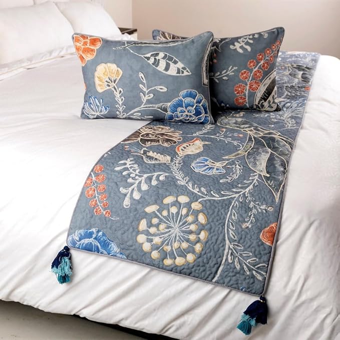 The HomeCentric Blue Bed Runner, Twin Size 53"x18" Decorative Bed Runner with Matching Pillow Cover, Blue Linen Bed Scarf in Quilted Peacock, Linen & Jute Embroidery - Peacock Willow