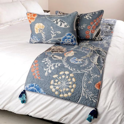 The HomeCentric Blue Bed Runner, Twin Size 53"x18" Decorative Bed Runner with Matching Pillow Cover, Blue Linen Bed Scarf in Quilted Peacock, Linen & Jute Embroidery - Peacock Willow