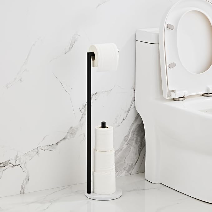 Marble Toilet Paper Holder Stand -Matte Black, Freestanding - Image 2