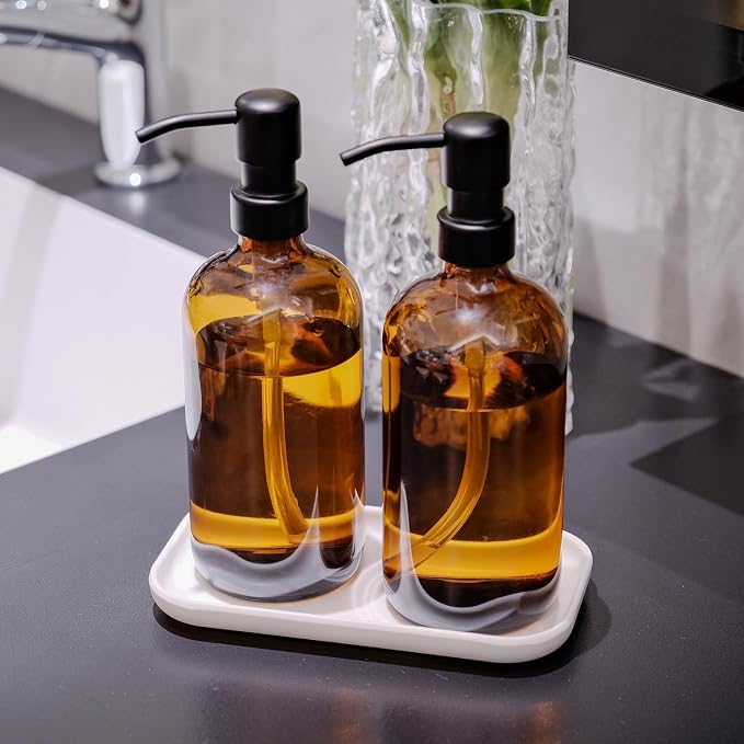 Amber Glass Soap Dispenser, 2 Pack Bathroom Kitchen Soap Dispenser Set - Image 6