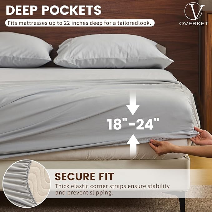 100% Linen Sheet Set King Size Extra Deep Pocket Fits 18-24 Inch Mattress, Breathable & Soft, Smooth 4-Piece Set for Thick Mattresses Hotel Luxury Bedding（King, Grey）