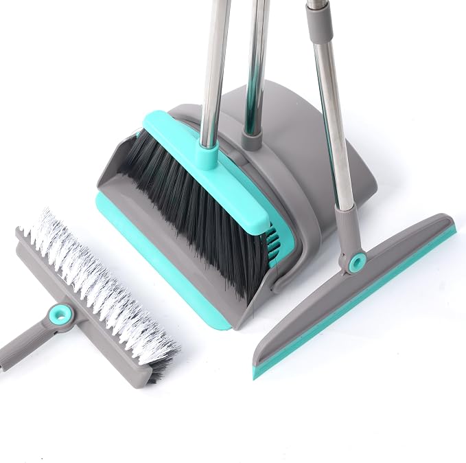 Broom with Dustpan Combo Set, Silicone Broom Squeegee and Scrub Brush Set with by Duitwell